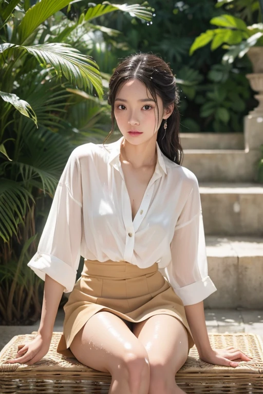 Very beautiful Japanese woman、Around 20 years old、layered cut、Sitting on a wicker chair、((Legs crossed boldly))、Scornful expression、((My skin is shining with sweat))、((My blouse is also wet with sweat.))、The breeze is stirring my hair、stylish、A stylish white blouse and an elegant long beige skirt、Afternoon terrace of a French mansion、The sunlight illuminates the surrounding landscape in pure white.、french movie style、Professional photos with attention to detail、Photorealistic、Highest quality