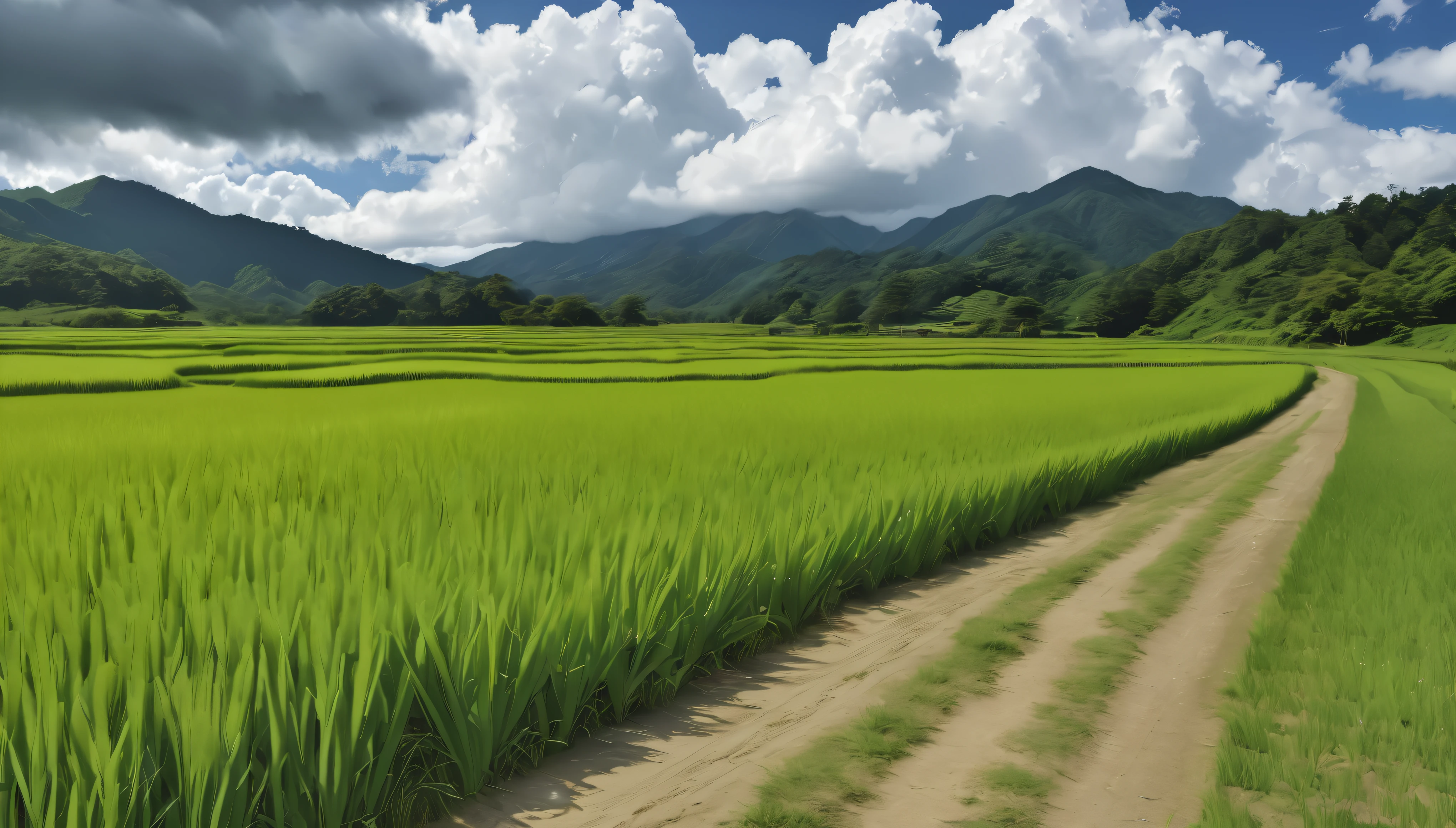 a peaceful rural japanese landscape, lush green rice fields, winding dirt paths, summer day, clear skies, towering cumulus clouds, midday sunlight, (best quality,4k,8k,highres,masterpiece:1.2),ultra-detailed,(realistic,photorealistic,photo-realistic:1.37),HDR,UHD,studio lighting,vivid colors,professional