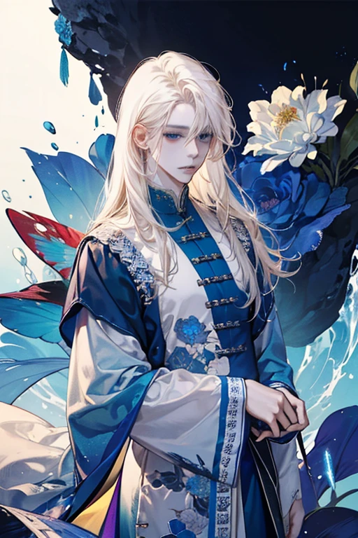 male性,male,Platinum Blonde,Long Hair,magic,count,good looking,Soft lighting,water ink,Low saturation,Low contrast,flower,薔薇のflower束,Intimidating and charismatic,Nice,dignity,Threatening,Blue and white,noble,count