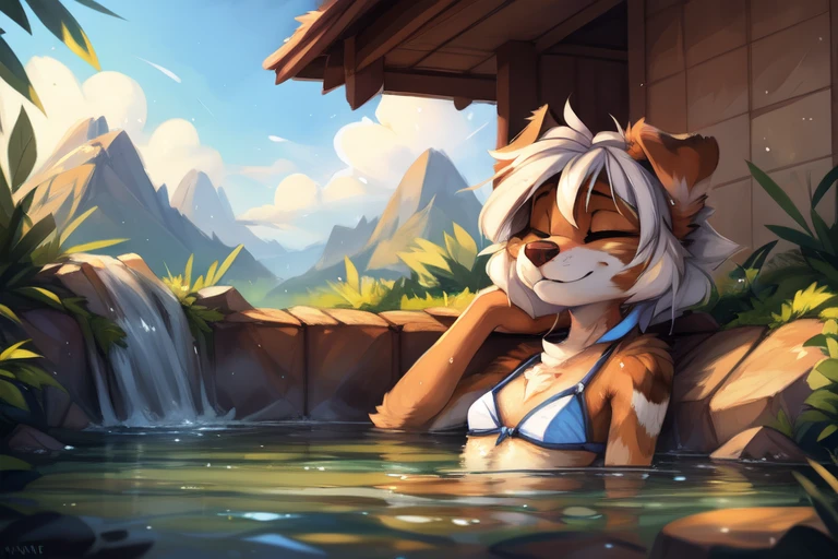 High quality, 8K, by kenket, by swaybat, by reysi, by Zackary911, by hyattlen, by teranen, by fumiko, by Pixelsketcher, by Bayard Wu, by Einshelm, by Kilinah, by Hioshiru, by fluff-kevlar, by Dimwitdog, Furry, Anthro, solo, ((australian shepard)), ((female)), ((young)), fluffy tail, slender, ((short white hair)), chest fluff, short, small breasts, ancient greek bath house, misty atmosphere, face close up, body Underwater, eyes closed, relaxing, head leaning back, dutch angle, bikini, close up on face, visible breath, wet fur, wet hair, legs poking above water, beach, mountains,