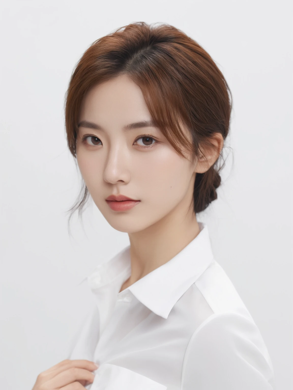 (best quality), photo realistic, 8k, Masterpiece, Portrait: 1.3, photo realistic, hyper realistic, Sharp Focus, looking at viewer, light on face, real texture skin, detailed eyes, detailed face,(Keep your hairstyle the same), cinematic lighting, 8k, UHD, retina, masterpiece, accurate, anatomically correct, textured skin, 28 year old Korean woman, (yeiiow formal_shirt:1.4)