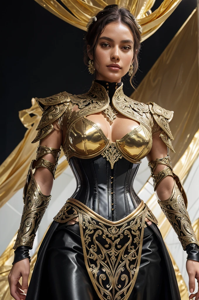 A gold metallic resin style armor corset for women, sculpted with intricate flowing designs reminiscent of molten metal, on a black mannequin torso.and make it irregular like cloth.and give an full skirt with white colour Of transparent Inflatable flowers, light color, and give a sky background, the scene semitransparent inflatable and