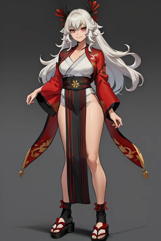 female, silver long hair, red eyes, (((1girl))), (((red kimono))), (black Japanese sandals), (white socks), cute and sexy, full body, large breasts, long legs, smiling, standing