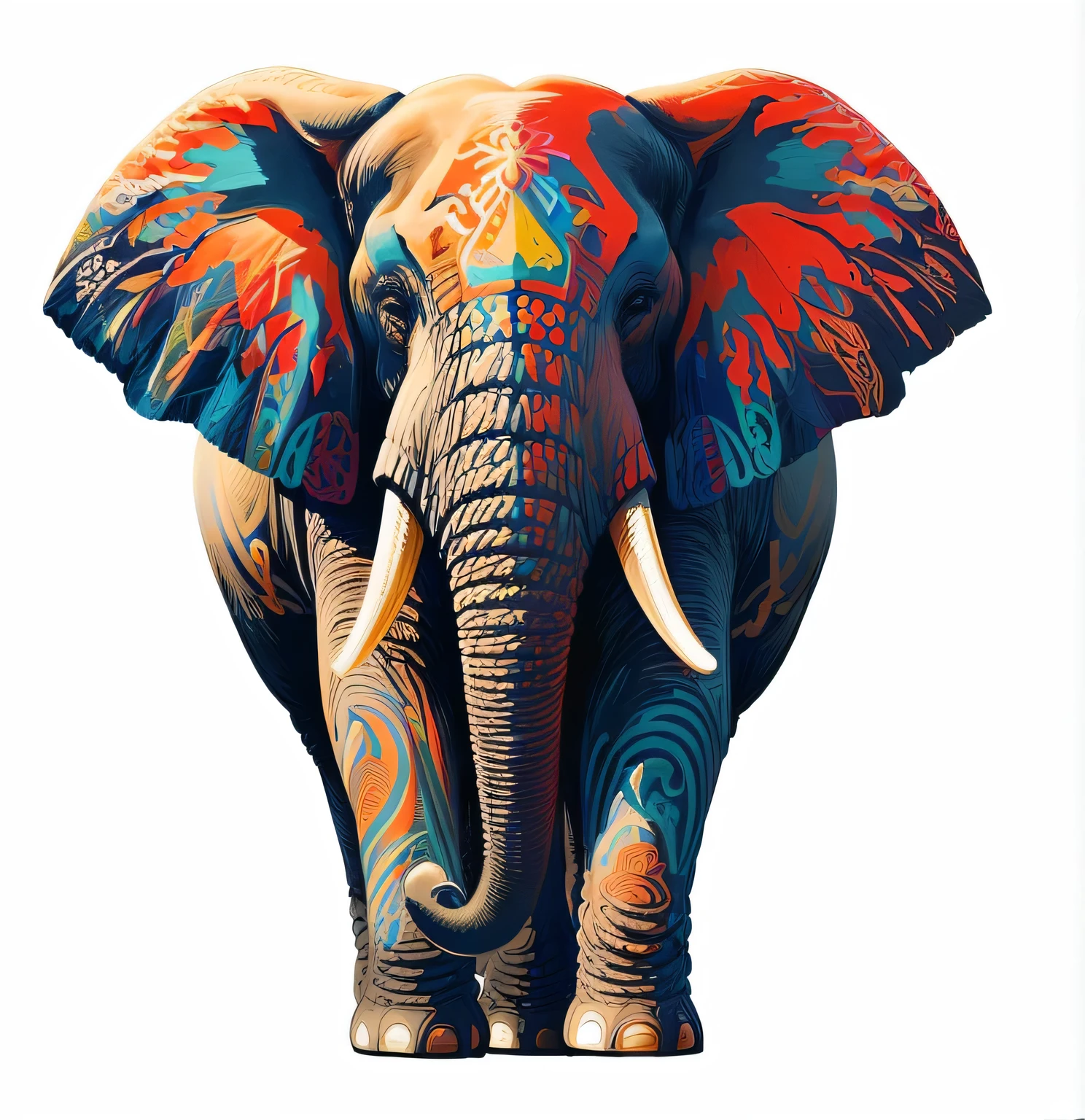 brightly colored elephant standing in front of a white background, colored elephant art, elephant, half elephant, an elephant, elephant head, Very detailed animal, The art of math. Very detailed, Very high quality artwork, A beautiful tall painting, high resolution drawing, High Detail Art, Extremely detailed and coherent, Very detailed The art of mathwork, digital painting Very detailed