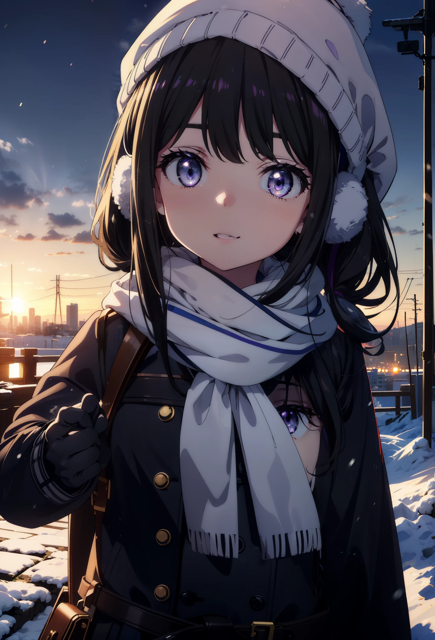 Takiuchikami,Long Hair, bangs, Black Hair, (Purple eyes:1.2),happy smile, smile, Open your mouth,Knitted hat,Earmuffs,Blue oversized coat,White scarf,Long skirt,Black pantyhose,short boots,snowが積もっている,snowが降っている,winter,Cold Sky,night,moonlight,snow,snow,snow,snow,whole bodyがイラストに入るように,Walking,
break looking at viewer, whole body,
break outdoors, city,construction area,
break (masterpiece:1.2), highest qualそれy, High resolution, unそれy 8k wallpaper, (shape:0.8), (Beautiful and beautiful eyes:1.6), Highly detailed face, Perfect lighting, Extremely detailed CG, (Perfect hands, Perfect Anatomy),