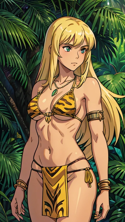 (1girl, Sheena, GarkEst), (extremely detailed CG unit 8k wallpaper),(master part), (best quality), (ultra detail), (best illustration),(melhor ombre), cowboy shot, (Sharp eyeliner, ombre, detailed eyes:1), dark jungle background,break , (ghibli style), upper body, Animal print, blond hair, bangs, necklace, bangle, armlet, pelvic curtain, loincloth, bikini armor,