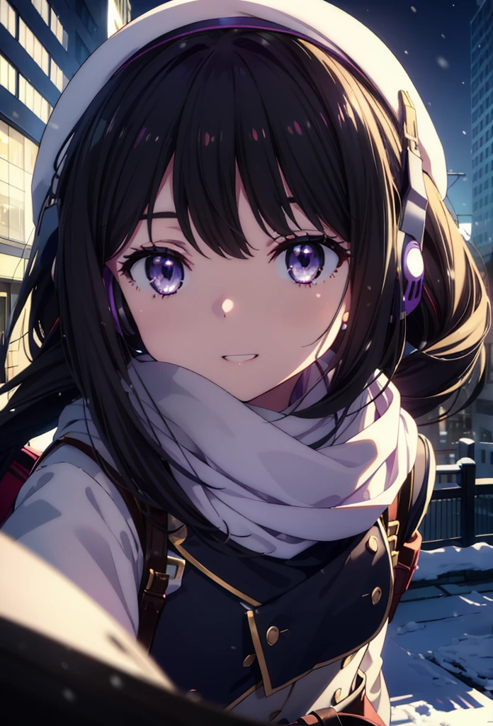 Takiuchikami,Long Hair, bangs, Black Hair, (Purple eyes:1.2),happy smile, smile, Open your mouth,Knitted hat,Earmuffs,Blue oversized coat,White scarf,Long skirt,Black pantyhose,short boots,snowが積もっている,snowが降っている,winter,Cold Sky,night,moonlight,snow,snow,snow,snow,whole bodyがイラストに入るように,Walking,
break looking at viewer, whole body, 
break outdoors, city,construction area,
break (masterpiece:1.2), highest qualそれy, High resolution, unそれy 8k wallpaper, (shape:0.8), (Beautiful and beautiful eyes:1.6), Highly detailed face, Perfect lighting, Extremely detailed CG, (Perfect hands, Perfect Anatomy),