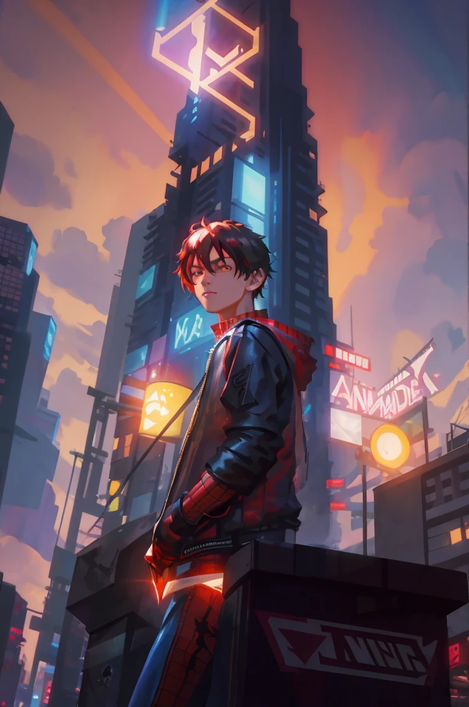 Spider Man- style photo of a man standing in front of a city at night, hero pose colorful city lighting, stylized urban fantasy artwork, Peter Parker in cyberpunk, inspired by The Amazing Spider-Man movie, ross tran 8 k, wojtek fus, digital cyberpunk anime art, ross tran style, ross tran and bayard wu, rossdraws global illumination, digital cyberpunk - realistic art