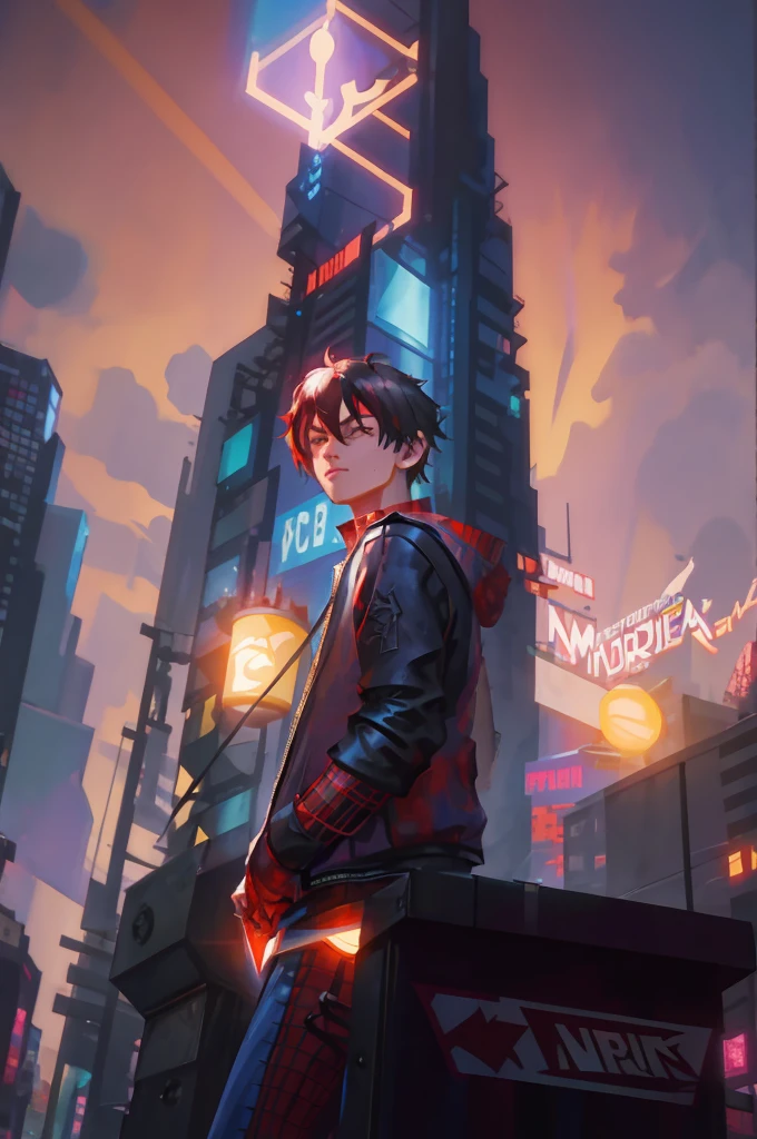 Spider Man- style photo of a man standing in front of a city at night, hero pose colorful city lighting, stylized urban fantasy artwork, Peter Parker in cyberpunk, inspired by The Amazing Spider-Man movie, ross tran 8 k, wojtek fus, digital cyberpunk anime art, ross tran style, ross tran and bayard wu, rossdraws global illumination, digital cyberpunk - realistic art