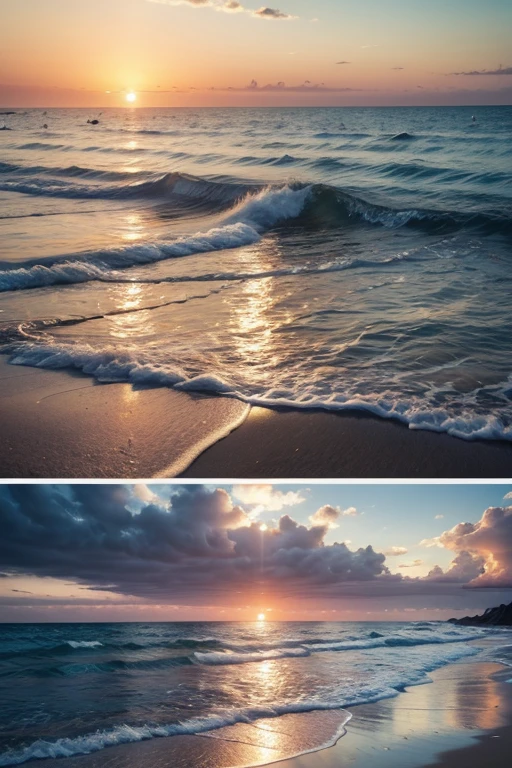 create an image of a beautiful beach with a sunset, rafts at sea, wind gently blowing the raft's sails. realist