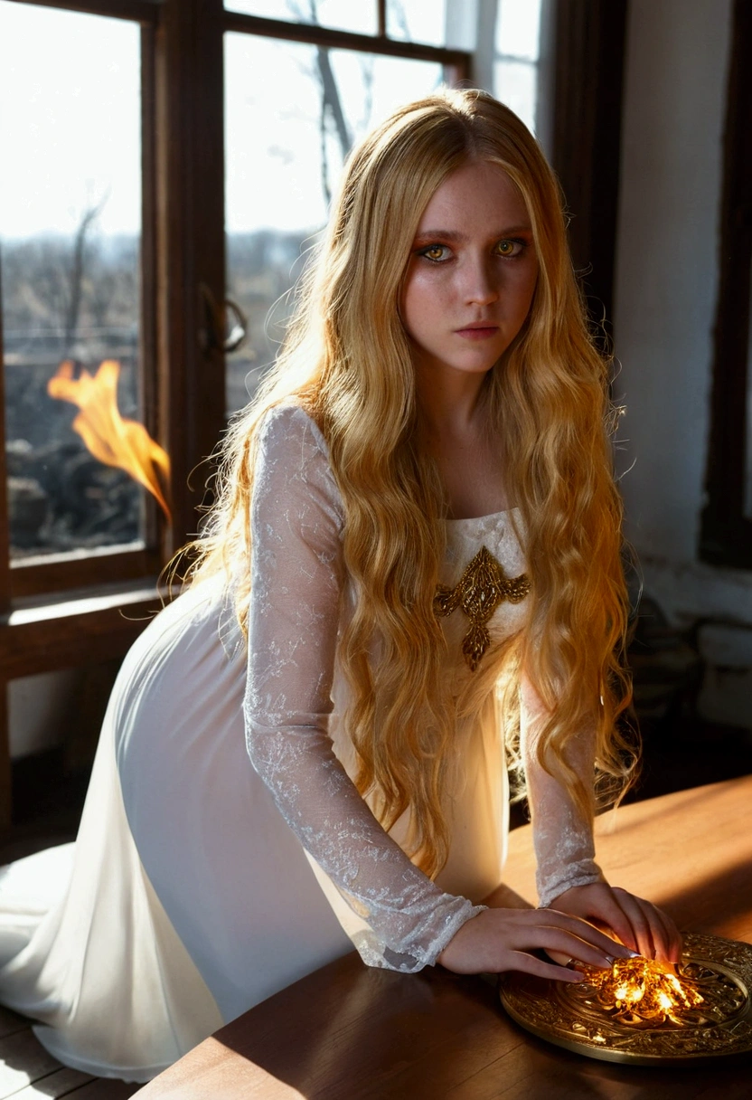 1 girl, michela \(the fire ring\), Long golden hair, round golden eyes, transparent white dress, elden ring setting, back view, doggy style on a table near a window