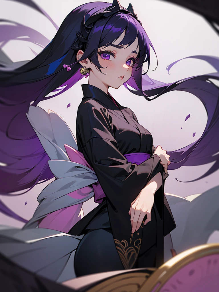 1girl, Solo, Looking at viewer, Jujutsu Kaisen, Purple eyes, Black hair, Puple hightlights, Absurdly Long Hair, Four Arms, Four Arms
#### **Hair:**
- **Color:** Midnight black with subtle dark purple highlights that shimmer under light.
- **Style:** Long and flowing, often styled in a half-up, half-down look. The upper half is secured with traditional, ornate hairpins, giving her a timeless and elegant appearance. The lower half cascades down her back, slightly wavy, adding a soft and ethereal touch to her overall look.
- **Hairpins:** The hairpins are intricate, adorned with small charms and beads that reflect her connection to both her past life and her current one. These hairpins also serve as a nod to her heritage and traditional Japanese aesthetics.
#### **Eyes:**
- **Color:** Piercing violet eyes.
- **Expression:** Her eyes are striking and seem to hold the wisdom and sorrow of her past life. They are often the first feature people notice, drawing others in with their depth and intensity.
- **Makeup:** She wears minimal makeup, with a focus on accentuating her natural beauty. A light touch of eyeliner and mascara emphasizes her eye shape, and a subtle hint of purple eyeshadow complements her eye color.
#### **Facial Features:**
- **Complexion:** Aiko has a fair and smooth complexion, with a hint of warmth. Her skin is flawless, giving her an almost otherworldly appearance.
- **Features:** She has delicate and refined features, with high cheekbones, a straight nose, and a softly curved jawline. Her lips are naturally rosy, often with a gentle smile that conveys her compassionate nature.
###**Clothing**
she wears a dark purple kimono with intricate red and black embroidery, paired with black thigh high socks and black zori she also wears a lace wedding veil to match her kimono, An amethyst pendant around her neck, a memento from her previous life, and a set of prayer beads wrapped around her wrist. Aiko has four arms.