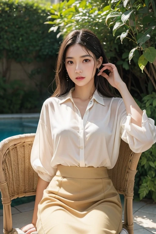 Very beautiful Japanese woman、Around 20 years old、layered cut、Sitting on a wicker chair、Scornful expression、((My skin is shining with sweat))、((My blouse is also wet with sweat.))、The breeze is stirring my hair、stylish、Stylish white blouse、((Elegant long skirt in beige))、Afternoon terrace of a French mansion、The sunlight illuminates the surrounding landscape in pure white.、french movie style、Professional photos with attention to detail、Photorealistic、Highest quality