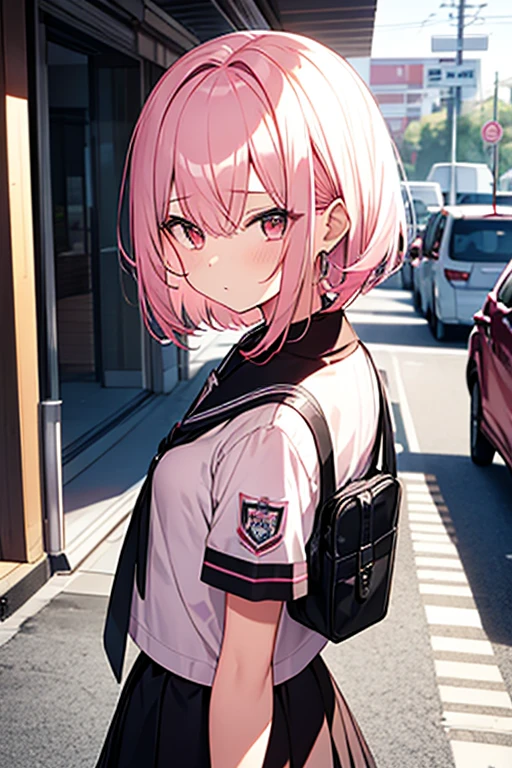 Pink haired girl, short hair, Bangs between the eyes, Red eyes, Wearing a uniform,to school, Bored face,road to school,Looking back at me,One girl,