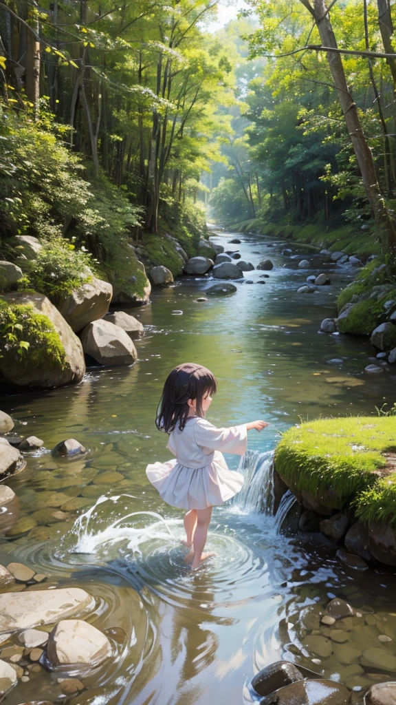 Playing in the flowing river、Very cute 11 year old girl、barefoot