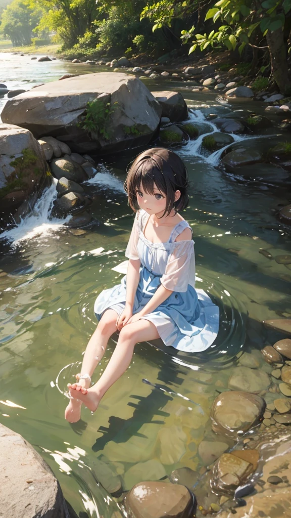 Playing in the flowing river、Very cute 11 year old girl、barefoot