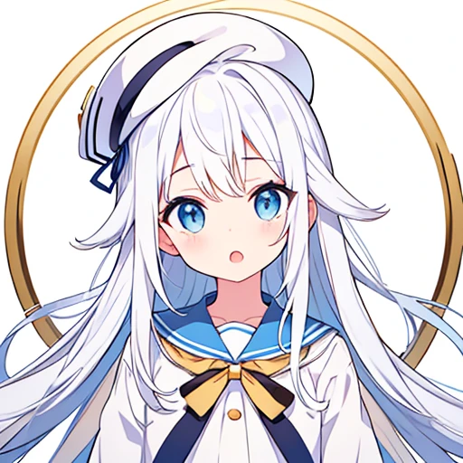 Mouth open、There is a gap on the top of the hat、Pure white background、Standing still、Hands at sides、White hat with gold decoration、Long white hair、Sailor'White uniform