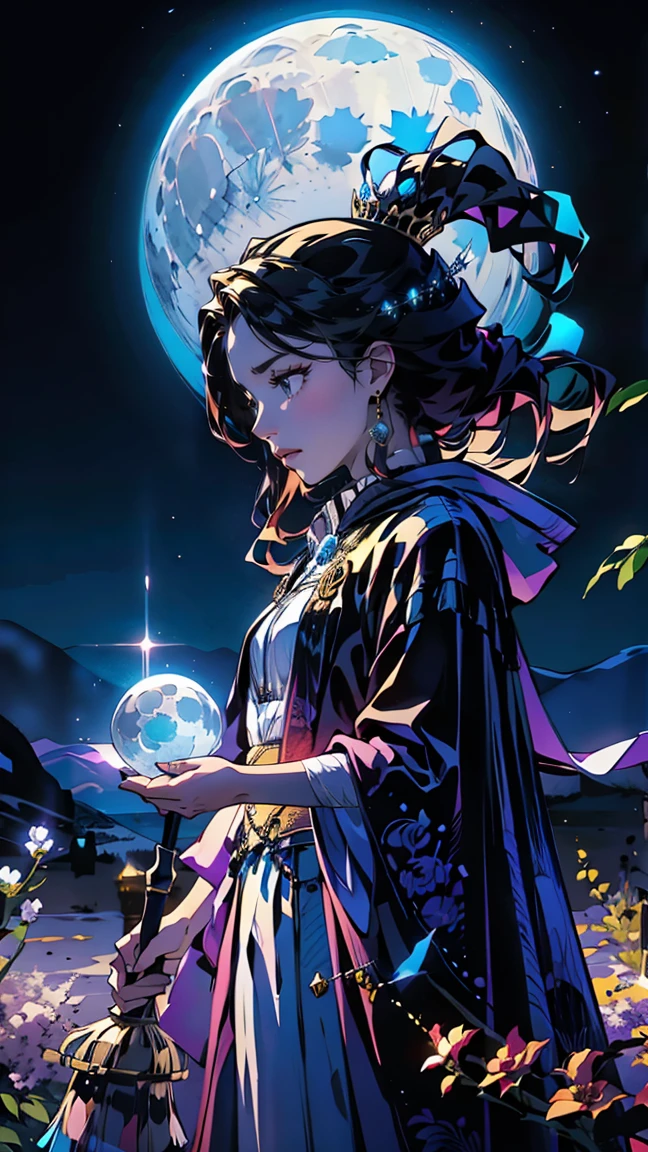 A beautiful women witch with a crown, dark scene, full moon, stars, magic, crystals, perfect Emeril dress, Holding a broom with her left hand and a magic wand with her right hand, powers, flowers, leaves