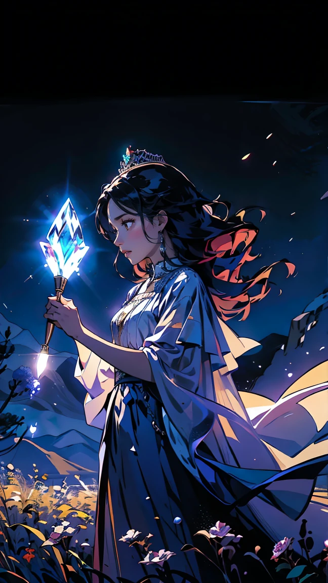 A beautiful women witch with a crown, dark scene, full moon, stars, magic, crystals, perfect Emeril dress, Holding a broom with her left hand and a magic wand with her right hand, powers, flowers, leaves