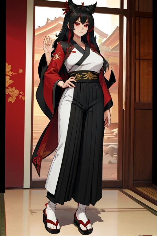 female, silver long hair, red eyes, (((1girl))), (((red kimono))), (black Japanese sandals), (white socks), (black hakama pants), cute and sexy, full body, large breasts, long legs, smiling, standing