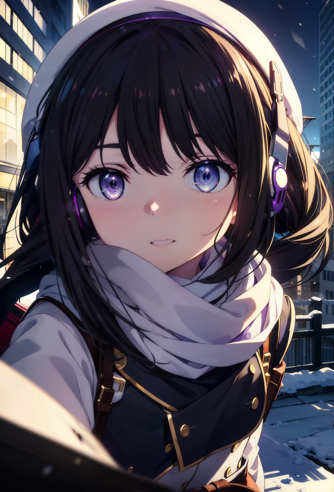 Takiuchikami,Long Hair, bangs, Black Hair, (Purple eyes:1.2),happy smile, smile, Open your mouth,Knitted hat,Earmuffs,Blue oversized coat,White scarf,Long skirt,Black pantyhose,short boots,snowが積もっている,snowが降っている,winter,Cold Sky,night,moonlight,snow,snow,snow,snow,whole bodyがイラストに入るように,Walking,
break looking at viewer, whole body,
break outdoors, city,construction area,
break (masterpiece:1.2), highest qualそれy, High resolution, unそれy 8k wallpaper, (shape:0.8), (Beautiful and beautiful eyes:1.6), Highly detailed face, Perfect lighting, Extremely detailed CG, (Perfect hands, Perfect Anatomy),