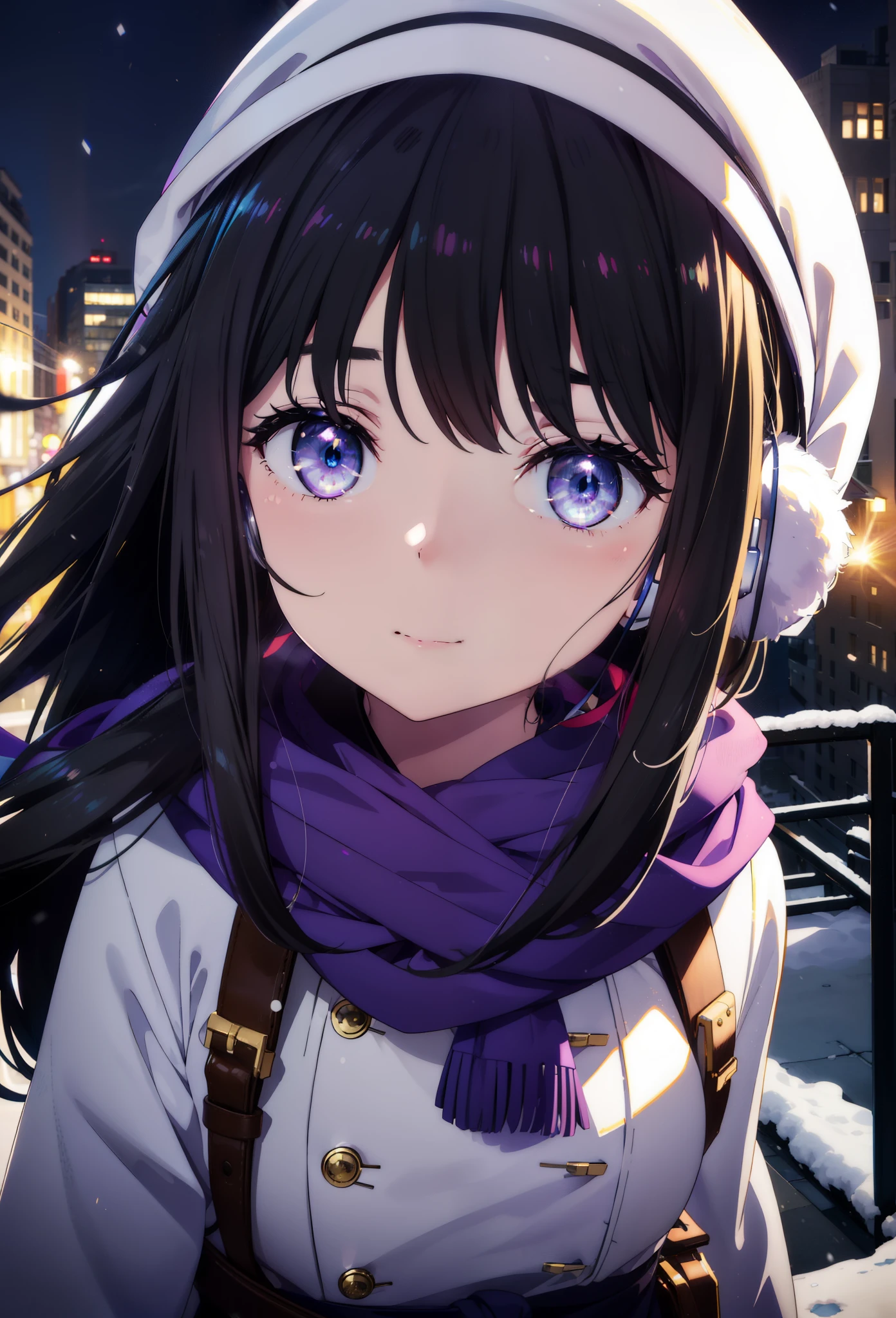 Takiuchikami,Long Hair, bangs, Black Hair, (Purple eyes:1.2),happy smile, smile, Open your mouth,Knitted hat,Earmuffs,Blue oversized coat,White scarf,Long skirt,Black pantyhose,short boots,snowが積もっている,snowが降っている,winter,Cold Sky,night,moonlight,snow,snow,snow,snow,whole bodyがイラストに入るように,Walking,
break looking at viewer, whole body,
break outdoors, city,construction area,
break (masterpiece:1.2), highest qualそれy, High resolution, unそれy 8k wallpaper, (shape:0.8), (Beautiful and beautiful eyes:1.6), Highly detailed face, Perfect lighting, Extremely detailed CG, (Perfect hands, Perfect Anatomy),