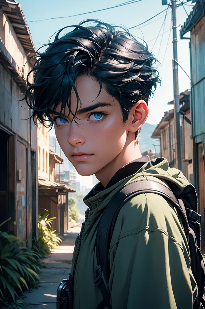 a young man in a post-apocalyptic city, detailed buildings in ruins, nature reclaiming its rightful place, lush vegetation, hiking outfit, blue hair, long eyelashes, warm smile, river, climbing plants, backpack, (best quality,4k,8k,highres,masterpiece:1.2),ultra-detailed,(realistic,photorealistic,photo-realistic:1.37),detailed environment, epic landscape, moody lighting, cinematic composition, dramatic atmosphere, vibrant colors, environmental storytelling, flower, wild animal, blue eyes.