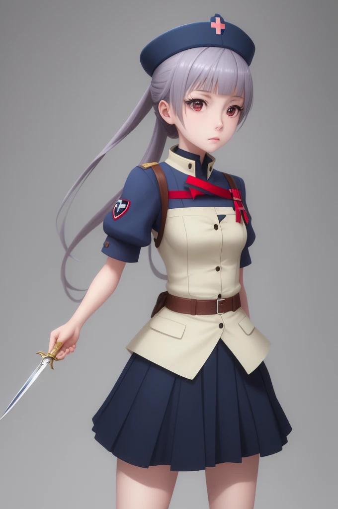 Field Medic Woman, masterpiece, high quality, Game character design, Anime illustration style, simple flat background, (Little:0.9), whole body, Diagonal angle, View your viewers, Dynamic pose, Holding a dagger, Text only,