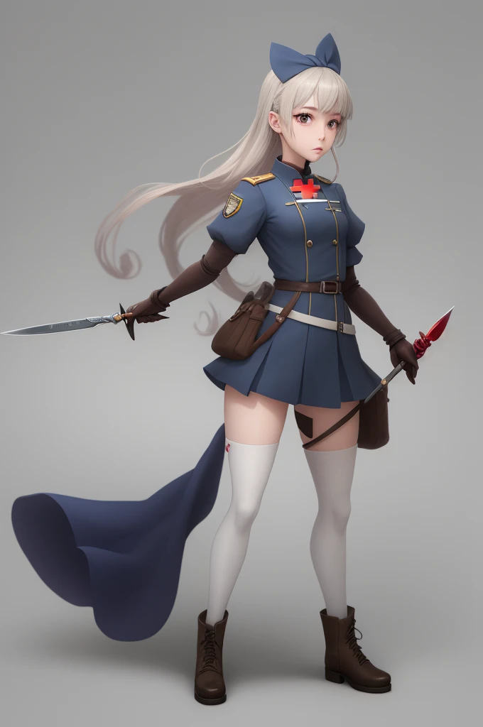 Field Medic Woman, masterpiece, high quality, Game character design, Anime illustration style, simple flat background, (Little:0.9), whole body, Diagonal angle, View your viewers, Dynamic pose, Holding a dagger, Text only,