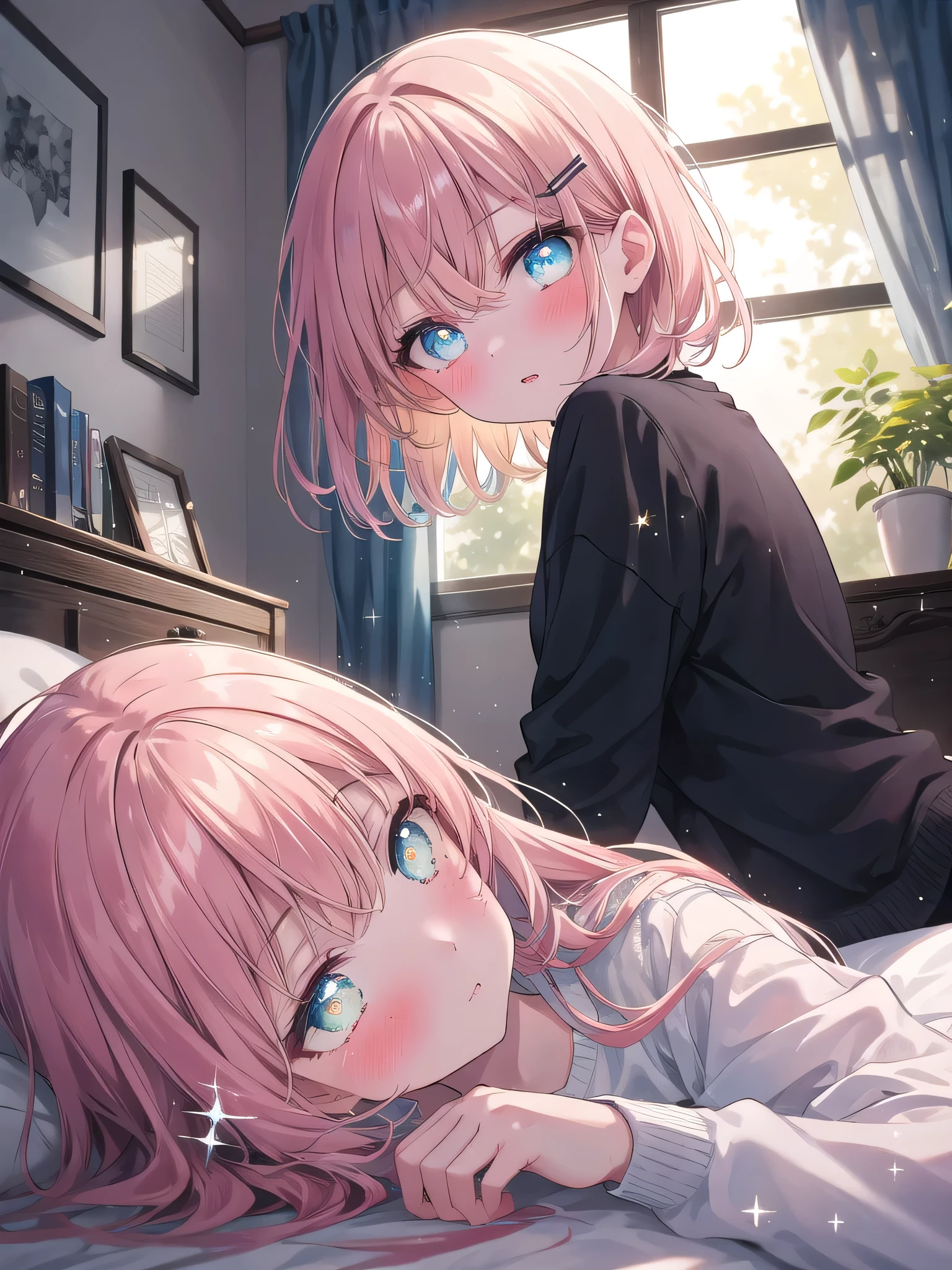 ((Girls)) ((Eight years)) ((The first has pink hair and the second has cyan hair)) ((Cute, innocent and shy)) ((Very scared)) (( Intense crying )) (( Naked without any clothes )) Wallpaper on the bed (( The position is sitting with their backs on the bed )) (( Pink and wet vagina . A pink and wet sex organ with a lot of semen on it )) )) ((Profuse sweating)) ((Embarrassing red cheeks)) ((small hands)) تقف االGirls جانب بعضهم كلهم نفس الطول