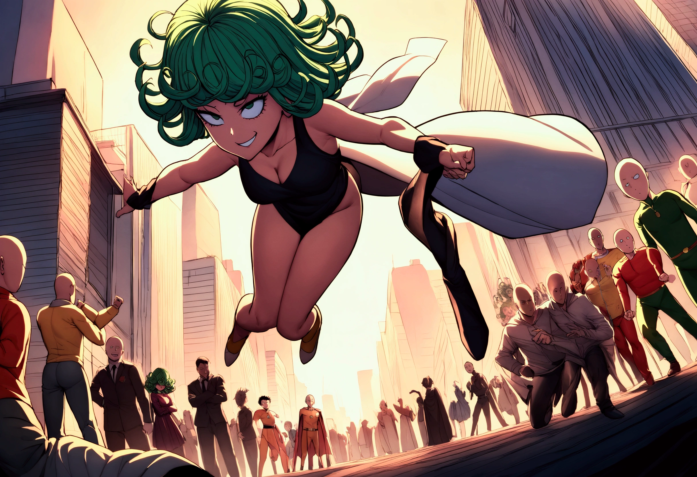 (Mad Magazine cover) Alfred E Newman as One Punch man Saitama in a heroic pose with classic Newman smile, Tatsumaki (extremely sexualized, big butt, big boobs, classic dress) very mad jumping up and down yelling at Saitama, bloody remains of a beast all over the crowd and downtown Tokyo