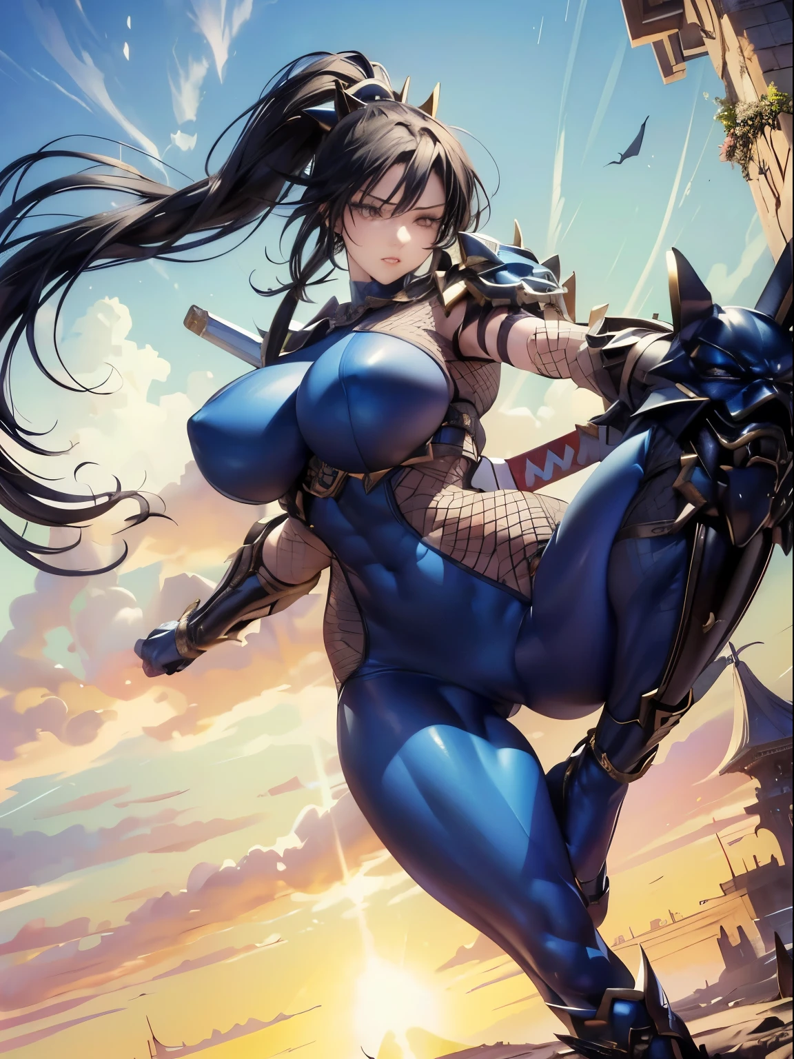 Excellent anatomy, masterpiece, Highest quality,Realistic, hyperRealistic, 16k hdr, like that, 赤いFishnet tightsのボディスーツ, Fishnet tights, Fingerless gloves, Arm guard, Shoulder Armor,Medium chest,Outdoor,blue sky,Dynamic pose,(Fighting Pose:1.2),Spread your legs,(Black Mask,Holding a sword:1.1),Camel Toe,Fighting game female characters, (Huge and stunning goddess shot, Very hot and sexy, Incredible beauty, Perfect proportions, Beautiful body, Very muscular body beauty:1.5), Hip Up, Very muscular woman , Muscular thighs ,Trained abdominal muscles,Slim and toned waist, Blurred Background ,