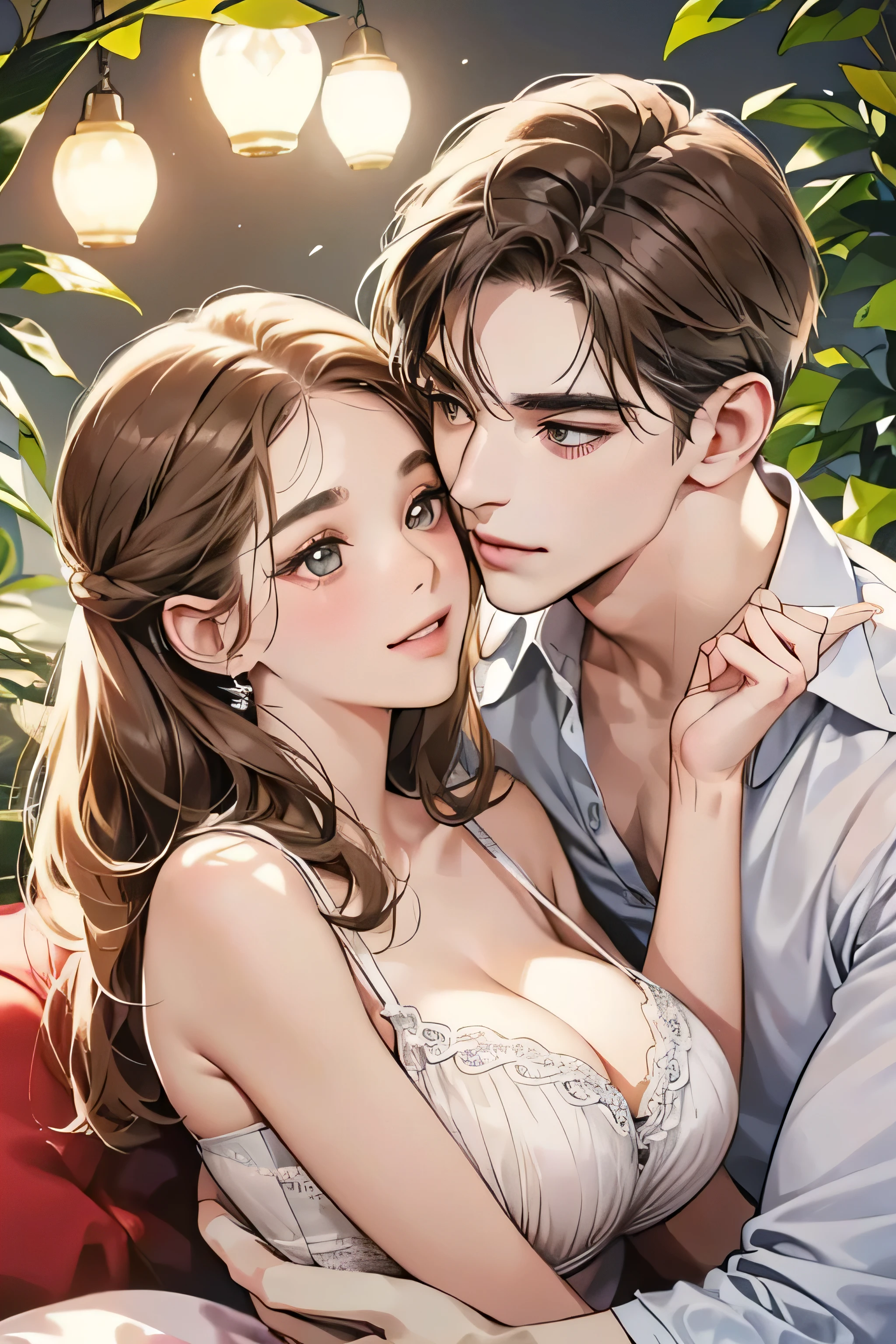 (table top, digital illustration, 4k, 8k, Super detailed, beautiful images, clear image, perfect face, perfect lines, perfect eyes, soft lighting) 1 female, (light brown hair,chignon hair,innocent look,droopy eyebrows,droopy eyes、with bra, With a round face,round chin、innocence,cute,Big eyes,natural makeup,smile gently,E cup,23 years old:1.3),Two handsome men in suits, (human,man in suit,muscular,solid shoulder width, boyish hairstyle,A man in his 30s with a cool expression,28 year old man with a bright smile:1.2),garden full of light、lots of flowers、Squirting、colorful flower light,(embarrassing,shy smile:1.2),resort sofa, sex kiss、カップルkiss、romance porn、sex position, couple of man and woman hugging each other、semi naked, having sex, lie down