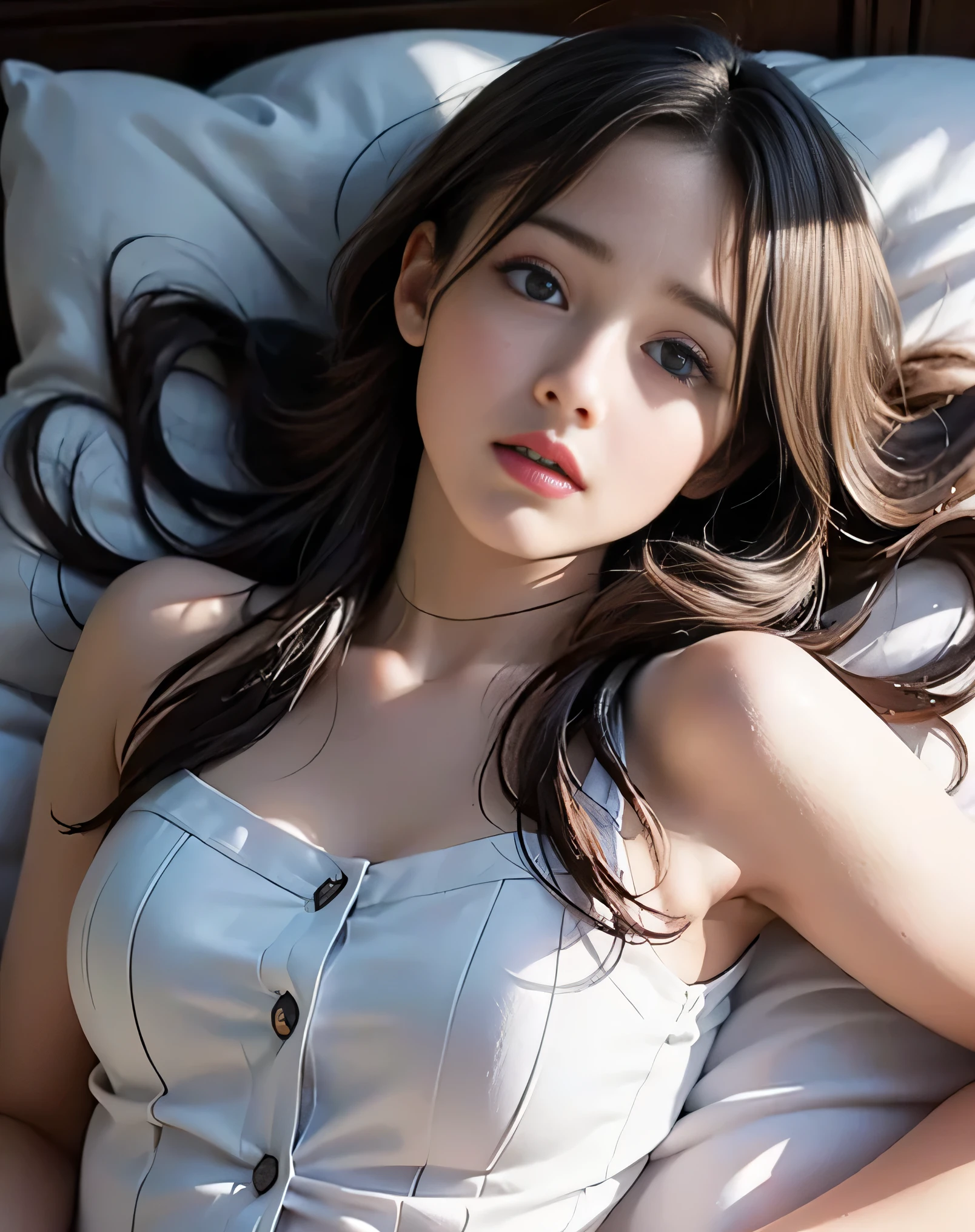 (photorealistic:1.6),(High resolution:1.6),(solo, one woman:1.5),(Thin woman:1.2),(big eyes),(large eyes),(Light brown hair),(extremely long hair),(cool beauty),chuuChloe,(Personality is lewd),(Slender Body),(amazing orgasm:1.5),(small breasts:1.2),(Ecstasy:1.5),(masochistic),(being sexually tortured:1.5),(Fainted face:1.5),(blouse:1.4),(absentminded:1.5),(lie on back in bed:1.3),(be exhausted:1.3)