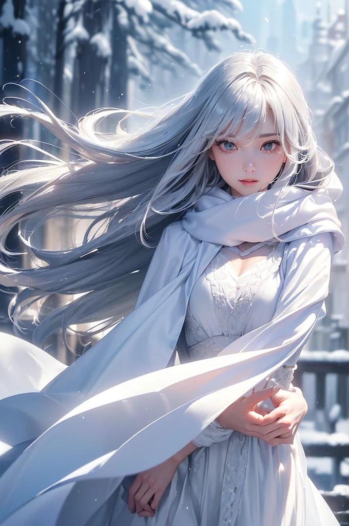 ((masterpiece:1.5、8k、Portraiture、フォトリアリスティックでVery detailedなCG、Very detailed、Particle Effects、Dynamic Effects、Shallow depth of field、Cinematic Light、Lens flare、Ray Tracing、Tabletop、Realistic:1.4、Ultra-high resolution:1.2、Realistic、Realistic))((alone、,オフショルダーのドレスの上にカシミアのcoatを着た女性:1.4、wear a long scarf、White belt、coat、Elegant woman posing、Detailed face、bright表情、young, bright, Whiter skin、Ample breasts、Best Looks、Ultimate beauty、Shiny silver hair with highlights、bright and shiny hair,、Super long, Silky straight hair、Hair dancing in the wind))(morning、outdoors, winter, snow falling)
