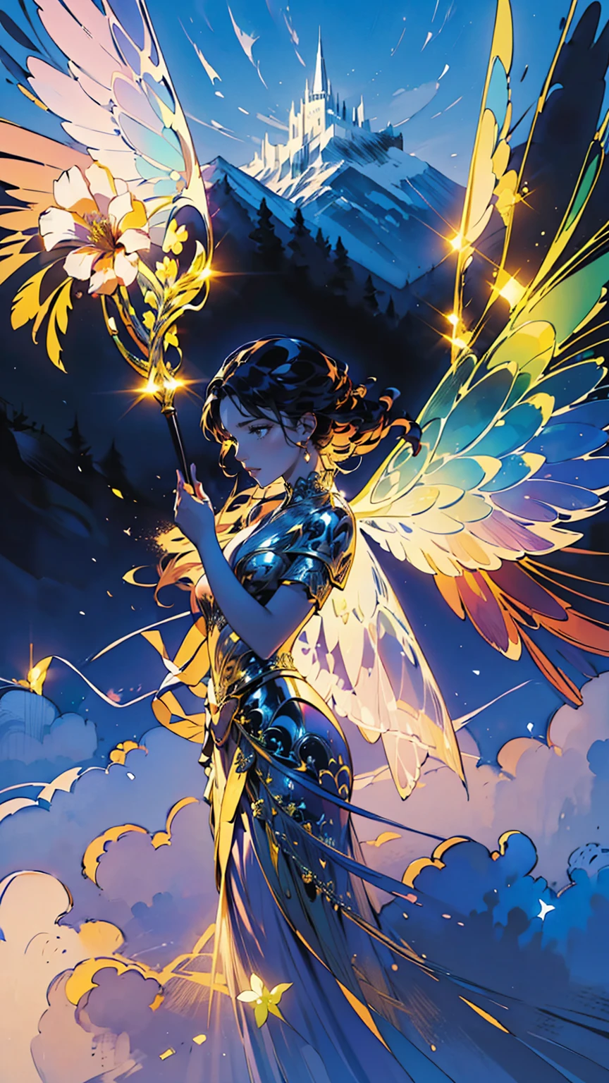 color photo of a flower fairy with transparent colorful wings, holding a magic wand， beautiful, ((ultra-detailed)), (highly detailed illustration), (expressionless), (best quality:1.2), realistic8K UHD, High definition,(masterpiece)