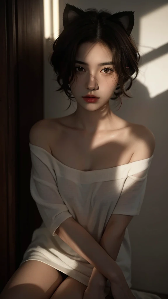 best quality, masterpiece, Ultra-high resolution, (Reality:1.5), RAW photos, 1 girl, Off-shoulder, in the darkness, Deep Shadows, Low profile, Cold Light, Sexy look, short hair,Cat ears,