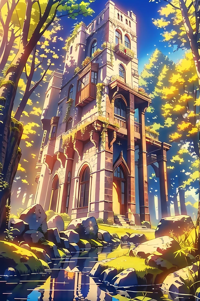 (masterpiece, Highest quality, Highest quality. Official Art, beautifully、aesthetic:1.2). Stunning matte painting depicting a stone building in the middle of a forest, Dark fantasy setting, A mesmerizing magical fantasy forest, Witch's hut in the woods, highly detailed fantasy art, Detailed fantasy digital art, Digital 2D Fantasy Art, detailed Digital 2D Fantasy Art, Inspired by Andreas Rocha, Enchanted and magical forest, Fantasy art style, Unreal Engine Fantasy Art, Magical Fantasy ForestAnimation BackgroundFantasy ParadiseMagical Fantasy ForestAnimation BackgroundFantasy BackgroundsFantasy ParadiseMagical ForestAnimation BackgroundsFantasy Backgrounds, sunset, Intricate details, Mythical world, digital masterpiece, 14K resolution,16K, Ultra-high resolution, Ultra-high resolution, to be born,wonderful ,future、Iridescent、The world 30 years from now。