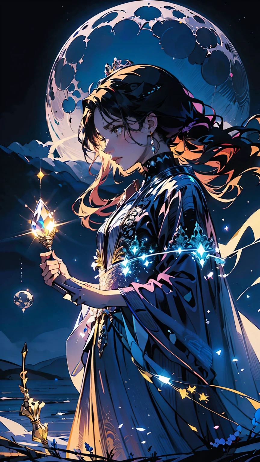 A beautiful women witch with a crown, dark scene, full moon, stars, magic, crystals, perfect Emeril dress, Holding a broom with her left hand and a magic wand with her right hand, powers, flowers, leaves
