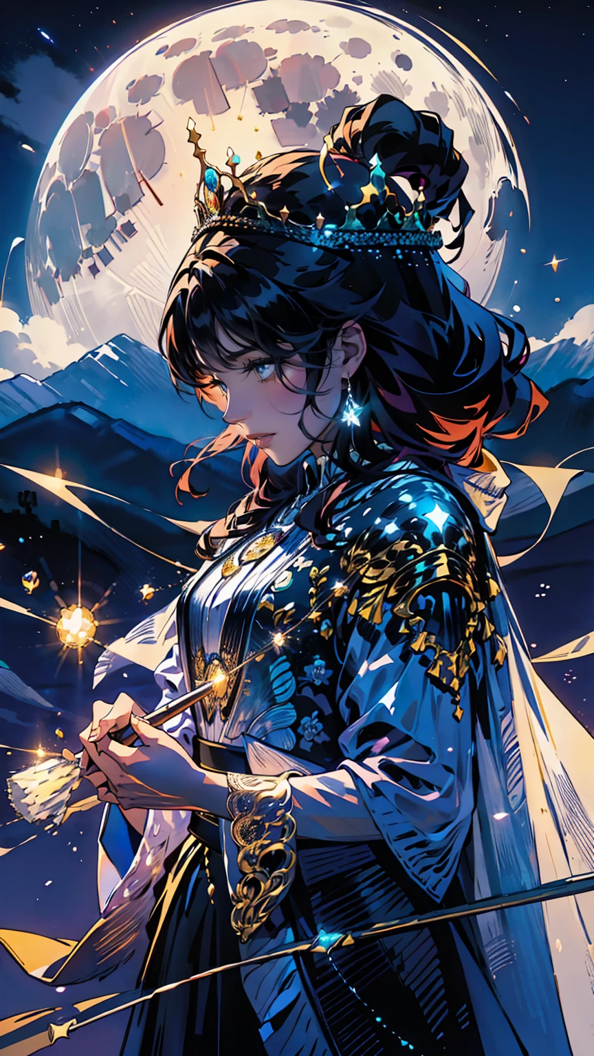 A beautiful women witch with a crown, dark scene, full moon, stars, magic, crystals, perfect Emeril dress, Holding a broom with her left hand and a magic wand with her right hand, powers, flowers, leaves