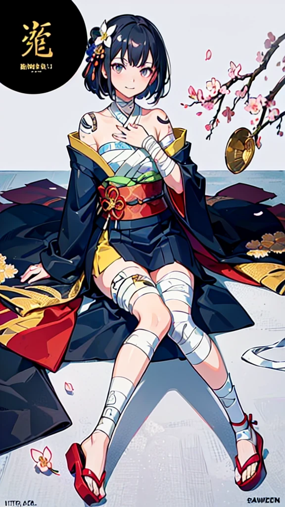 (((((roll up bandage sideways on a chest tightly to cover the chest without gaps))))), (((bandage samweways))), the bantage is no chest shape, flat chest, ((Japanese Gangster BOSS)), adult woman with the dignified presence, Killing Qi, wear nothing around shoulder, wear nothing around neck, wear the kimono, wear it below the waist, (I wind it up to control it, and to attach it), ((kimono come off)) ,wear the kimono multiple times, Bare shoulders and the clavicle, black and gold kimono, put on over jacket of kimono, (holding a japanese sword which shine in purple, The handole of the sword is black, and the blade is gray, long sword), eye fire, low angle, whole body, bandage is seen, anime character, Glaring, off sholder, nappropriate smile, Excellent, black blue hair, can see both shoulder, ((long kimono hem)), small face, ((some cherry blossam big tattoo on the arm)),((Sit with your legs folded)), ((background Japanese gate with circlr mark)),muscular,drink sake,fullmoon in the sky, The kimono is spreading,(((ultra-detailed))),super beautiful,Masterpiece,Killing Qi,Intimidation,zoom up