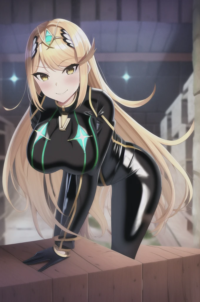 mythra, 1girl, solo, long_hair, breasts, looking_at_viewer, smile, bangs, blonde_hair, large_breasts, yellow_eyes, red_bodysuit, black_bodysuit, latex, cellar, dark, smirk, hand_on_own_hip, hanging_breasts, from_below, (leaning_forward:1.2)