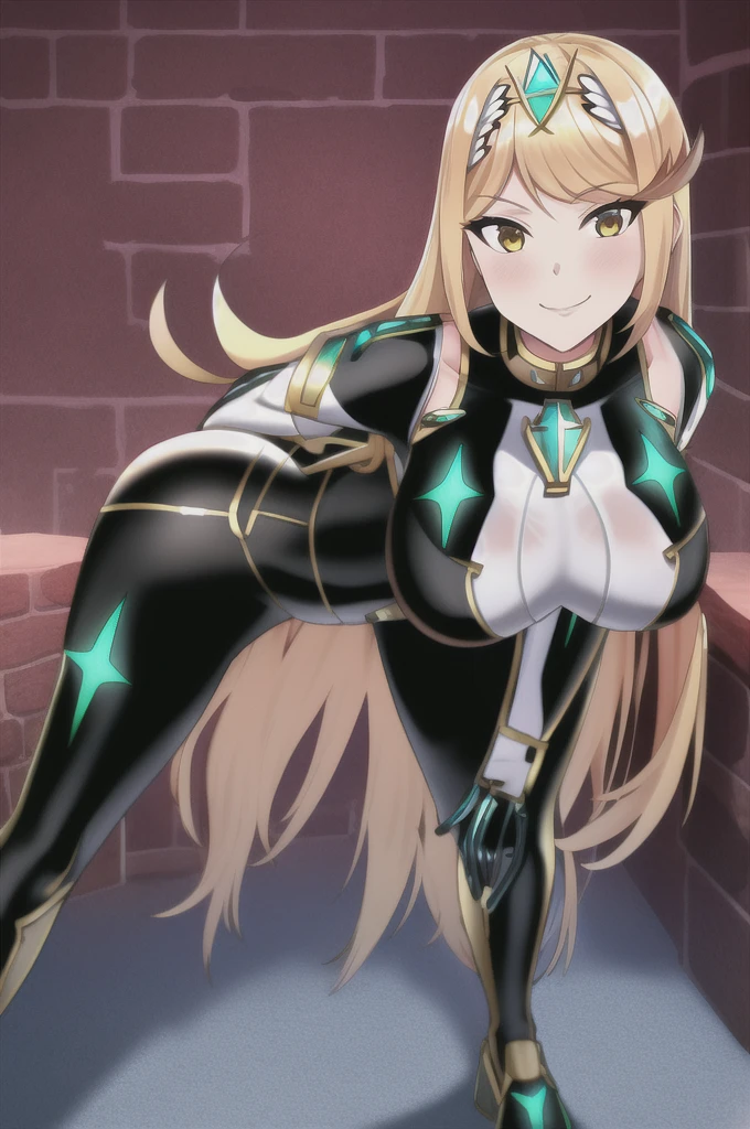 mythra, 1girl, solo, long_hair, breasts, looking_at_viewer, smile, bangs, blonde_hair, large_breasts, yellow_eyes, red_bodysuit, black_bodysuit, latex, cellar, dark, smirk, hand_on_own_hip, hanging_breasts, from_below, (leaning_forward:1.2)