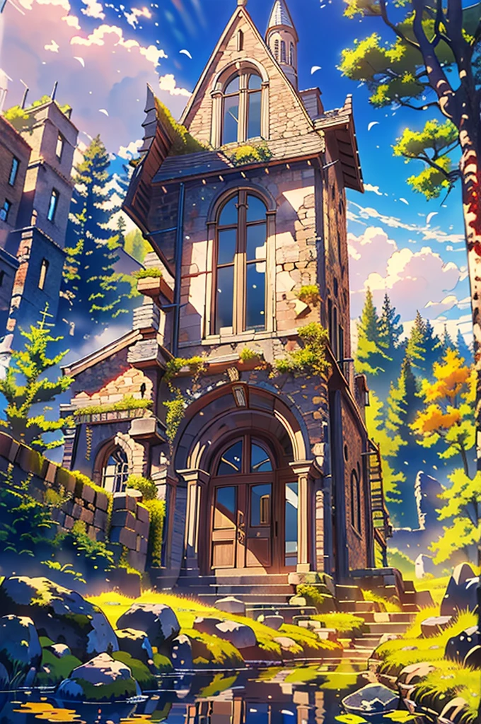 (masterpiece, Highest quality, Highest quality. Official Art, beautifully、aesthetic:1.2). Stunning matte painting depicting a stone building in the middle of a forest, Dark fantasy setting, A mesmerizing magical fantasy forest, Witch&#39;s hut in the woods, highly detailed fantasy art, Detailed fantasy digital art, Digital 2D Fantasy Art, detailed Digital 2D Fantasy Art, Inspired by Andreas Rocha, Enchanted and magical forest, Fantasy art style, Unreal Engine Fantasy Art, Magical Fantasy ForestAnimation BackgroundFantasy ParadiseMagical Fantasy ForestAnimation BackgroundFantasy BackgroundsFantasy ParadiseMagical ForestAnimation BackgroundsFantasy Backgrounds, sunset, Intricate details, Mythical world, digital masterpiece, 14K resolution,16K, Ultra-high resolution, Ultra-high resolution, to be born,wonderful ,future、Iridescent、The world 30 years from now。