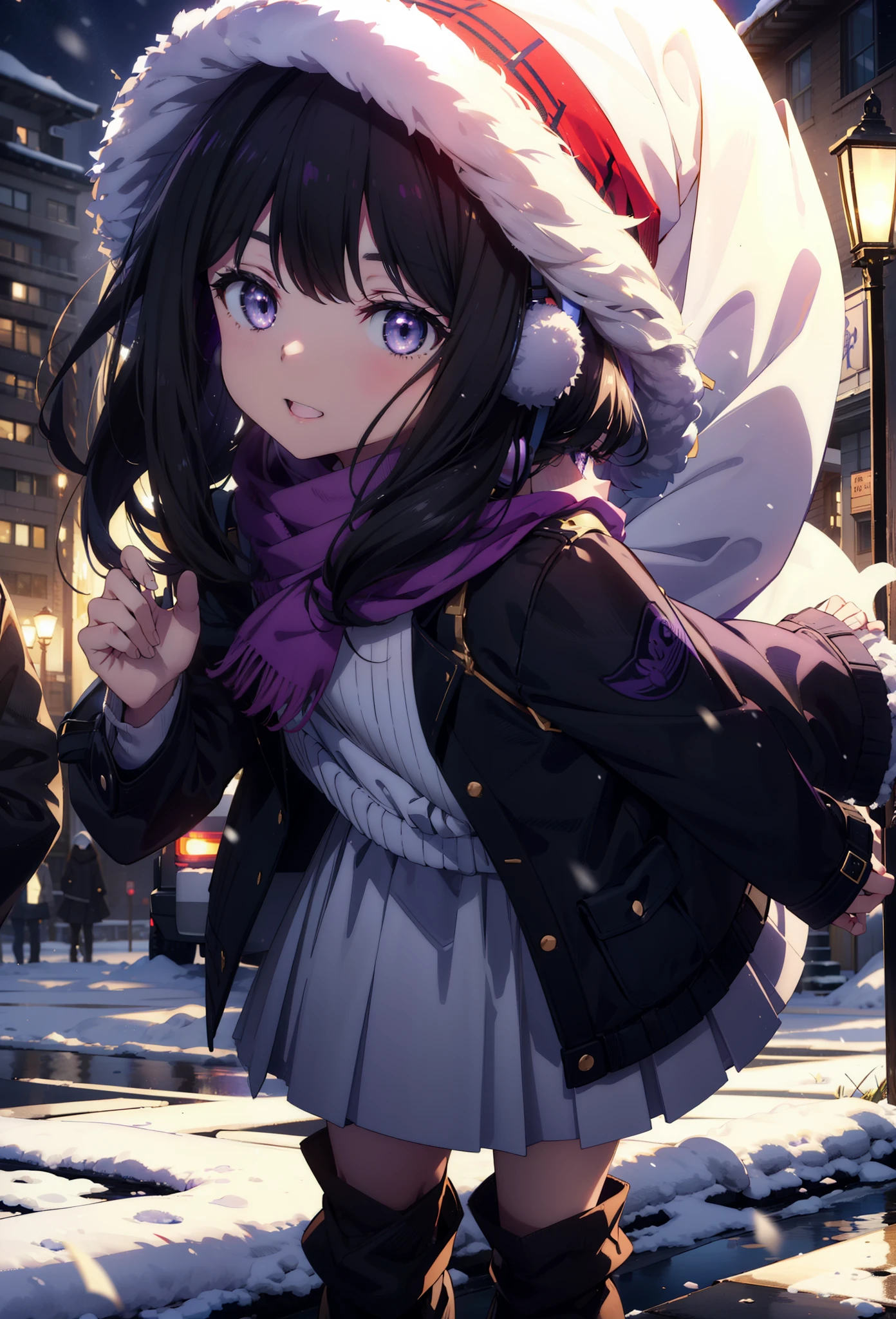 Takiuchikami,Long Hair, bangs, Black Hair, (Purple eyes:1.2),happy smile, smile, Open your mouth,Knitted hat,Earmuffs,Blue oversized coat,White Sweater,White scarf,Long skirt,Black pantyhose,short boots,snowが積もっている,snowが降っている,winter,Cold Sky,night,moonlight,snow,snow,snow,snow,whole bodyがイラストに入るように,Walking,
break looking at viewer, whole body,
break outdoors, city,construction area,
break (masterpiece:1.2), highest qualそれy, High resolution, unそれy 8k wallpaper, (shape:0.8), (Beautiful and beautiful eyes:1.6), Highly detailed face, Perfect lighting, Extremely detailed CG, (Perfect hands, Perfect Anatomy),