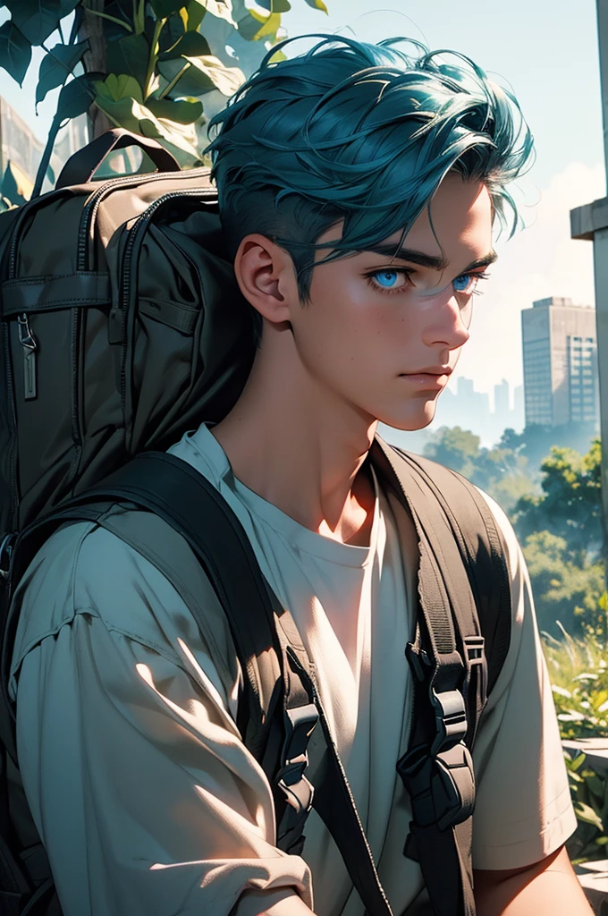 a young man in a post-apocalyptic city, detailed buildings in ruins, nature reclaiming its rightful place, lush vegetation, hiking outfit, blue hair, long eyelashes, warm smile, river, climbing plants, backpack, (best quality,4k,8k,highres,masterpiece:1.2),ultra-detailed,(realistic,photorealistic,photo-realistic:1.37),detailed environment, epic landscape, moody lighting, cinematic composition, dramatic atmosphere, vibrant colors, environmental storytelling, flower, wild animal, blue eyes.