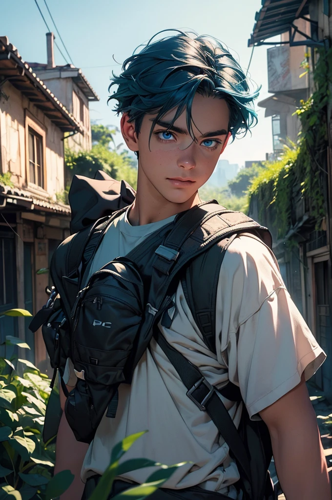 a young man in a post-apocalyptic city, detailed buildings in ruins, nature reclaiming its rightful place, lush vegetation, hiking outfit, blue hair, long eyelashes, warm smile, river, climbing plants, backpack, (best quality,4k,8k,highres,masterpiece:1.2),ultra-detailed,(realistic,photorealistic,photo-realistic:1.37),detailed environment, epic landscape, moody lighting, cinematic composition, dramatic atmosphere, vibrant colors, environmental storytelling, flower, wild animal, blue eyes.
