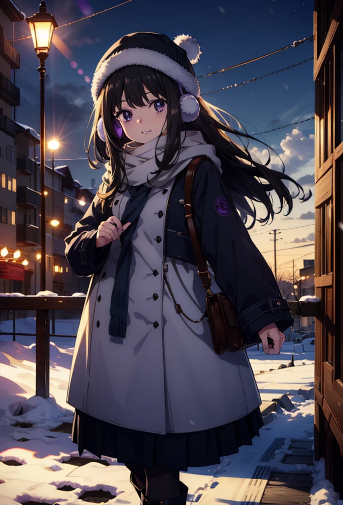 Takiuchikami,Long Hair, bangs, Black Hair, (Purple eyes:1.2),happy smile, smile, Open your mouth,Knitted hat,Earmuffs,Blue oversized coat,White Sweater,White scarf,Long skirt,Black pantyhose,short boots,snowが積もっている,snowが降っている,winter,Cold Sky,night,moonlight,snow,snow,snow,snow,whole bodyがイラストに入るように,Walking,
break looking at viewer, whole body, 
break outdoors, city,construction area,
break (masterpiece:1.2), highest qualそれy, High resolution, unそれy 8k wallpaper, (shape:0.8), (Beautiful and beautiful eyes:1.6), Highly detailed face, Perfect lighting, Extremely detailed CG, (Perfect hands, Perfect Anatomy),