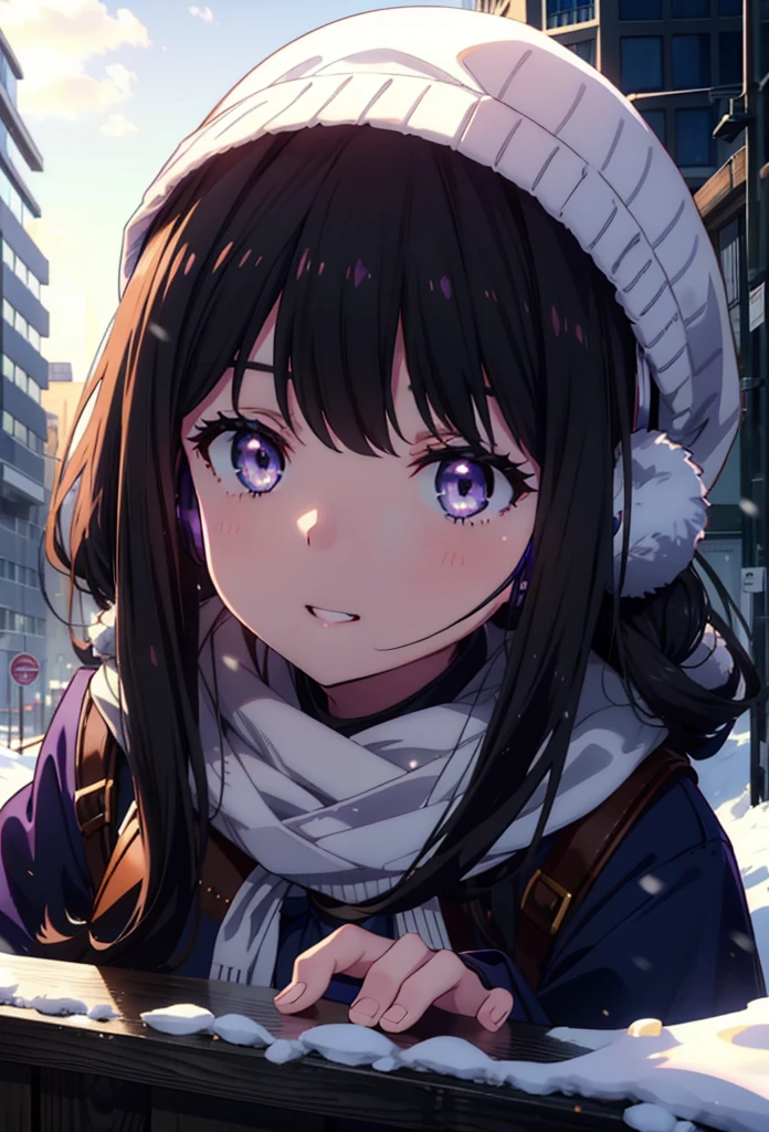 Takiuchikami,Long Hair, bangs, Black Hair, (Purple eyes:1.2),happy smile, smile, Open your mouth,Knitted hat,Earmuffs,Blue oversized coat,White Sweater,White scarf,Long skirt,Black pantyhose,short boots,snowが積もっている,snowが降っている,winter,Cold Sky,night,moonlight,snow,snow,snow,snow,whole bodyがイラストに入るように,Walking,
break looking at viewer, whole body,
break outdoors, city,construction area,
break (masterpiece:1.2), highest qualそれy, High resolution, unそれy 8k wallpaper, (shape:0.8), (Beautiful and beautiful eyes:1.6), Highly detailed face, Perfect lighting, Extremely detailed CG, (Perfect hands, Perfect Anatomy),