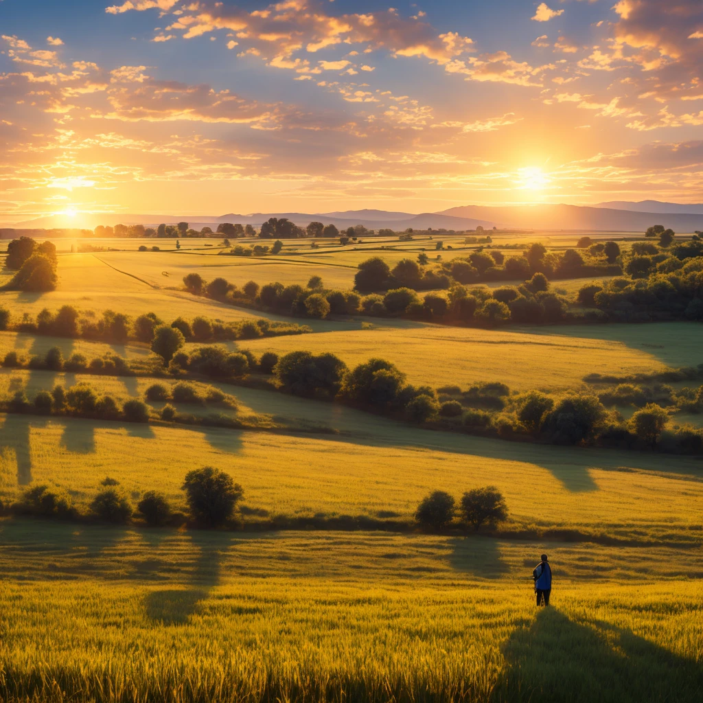 A sunrise in a rural landscape, with a person getting up early and starting to work in the field. The sky is illuminated by the first rays of the sun, suggesting that the person is receiving divine blessing. Includes a subtle symbol for help or guidance, like a hand or light on the horizon, to represent the support of God."